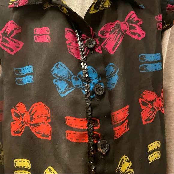 Harajuku Mini Black Primary Color Bow Equality Button Up Collar Sheer Top 4/5 - Picture 10 of 11